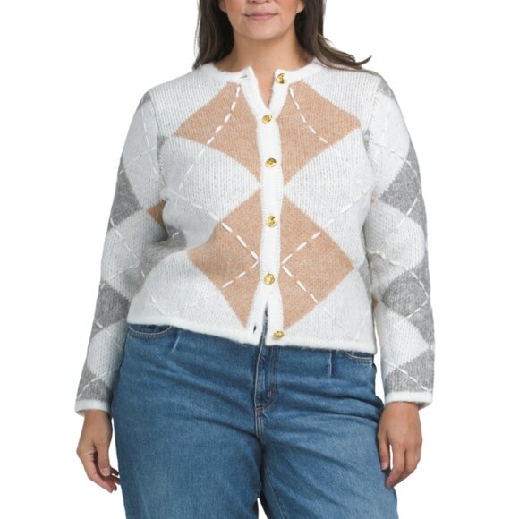 ENGLISH FACTORY White Plus Argyle Cardigan - Picture 1 of 2